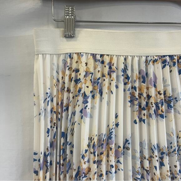 Vince Camuto Pleated Midi Skirt Womens Small Ivory Floral Elastic Waist Lined - Picture 2 of 9